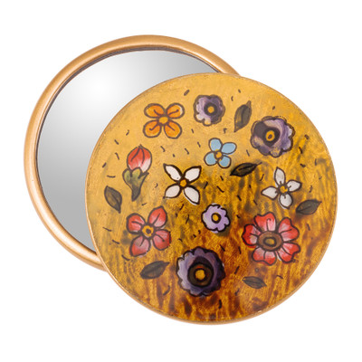 Spring-Themed Reverse-Painted Round Pocket Mirror in Yellow