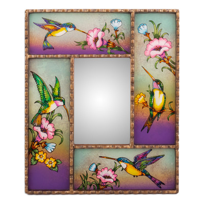 Hummingbird-Themed Reverse-Painted Glass Wall Accent Mirror
