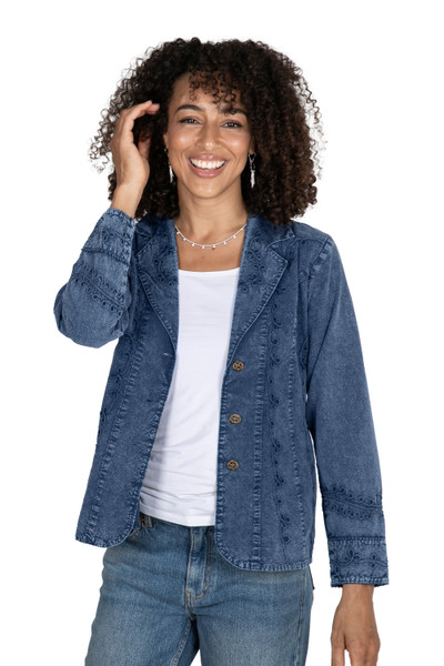 Cotton Jacket with Floral Embroidery in Midnight Blue Shade