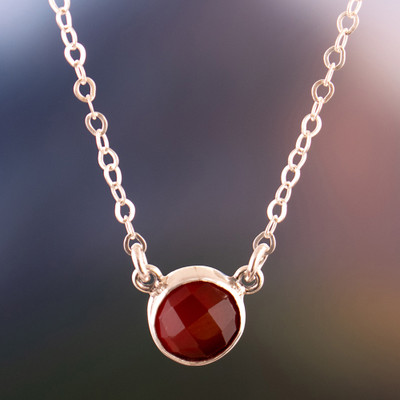 Silver Pendant Necklace with Faceted Cabochon Garnet Stone