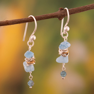 18k Gold-Accented Aquamarine Apatite Silver Dangle Earrings