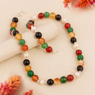 Colorful Agate Cultured Pearl Silver Beaded Choker Necklace
