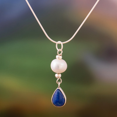 Silver Pendant Necklace with Lapis Lazuli and Cultured Pearl