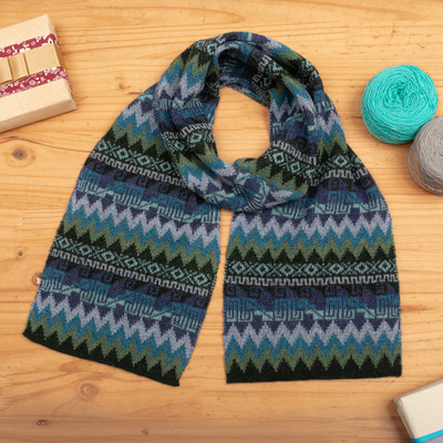 Artisan-Made Soft 100% Baby Alpaca Scarf in Blue and Green