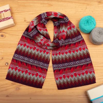Patterned Soft 100% Baby Alpaca Scarf in Red and Brown Hues