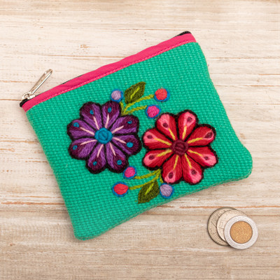 Spring-Themed Embroidered Alpaca Blend Coin Purse from Peru