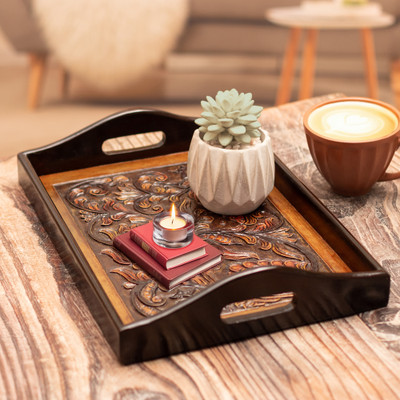 Floral Bird-Themed Embossed Leather and Wood Serving Tray