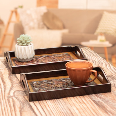 Baroque-Inspired 2-Piece Mohena Wood and Leather Tray Set