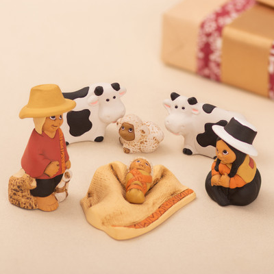 Andean-Themed Painted 7-Piece Ceramic Nativity Scene Set