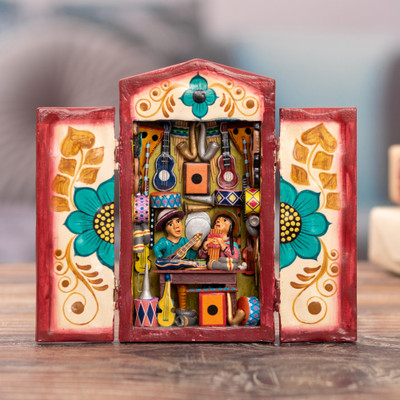 Hand-Painted Wood and Ceramic Retablo of Andean Music Store