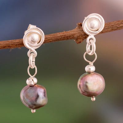 Silver Dangle Earrings with Dark Grey Cultured Pearls
