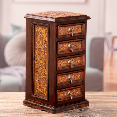 Baroque-Inspired Embossed Leather and Wood Jewelry Chest
