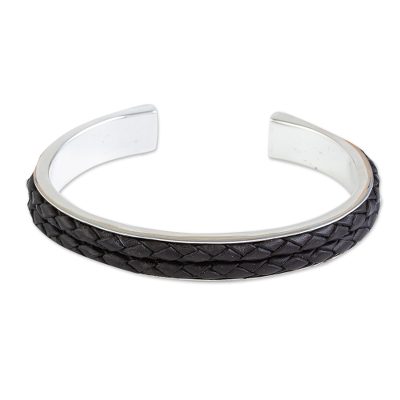 Taxco Silver Hand Crafted Cuff with Black Leather Braid