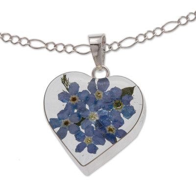 Unique Sterling Silver and Natural Flower Heart-Shaped Pendant Necklace