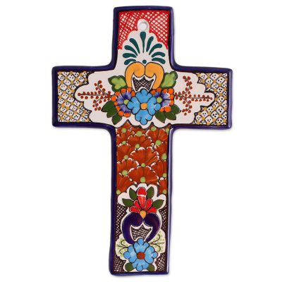 Colorful Talavera-Style Ceramic Wall Cross from Mexico