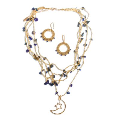 Gold Plated Crocheted Jewelry Set with Lapis Lazuli