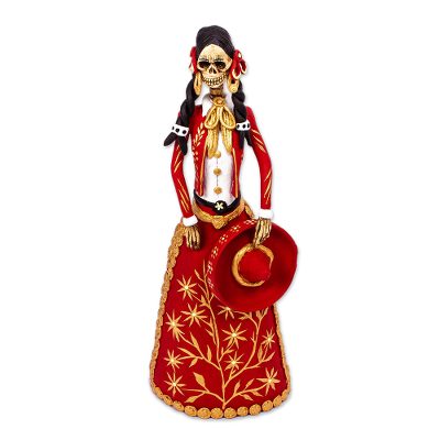 Red and Gold Charra Catrina Sculpture