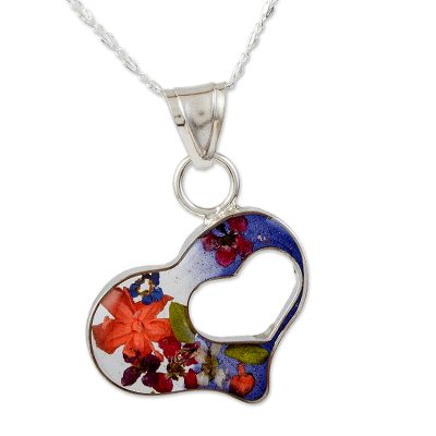Blue Double-Heart Pendant Necklace in Sterling Silver