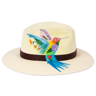 Hand-Painted Hummingbird-Themed Leather-Accented Cotton Hat