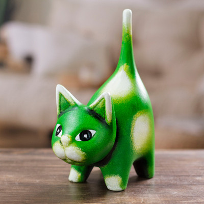 Whimsical Hand-Painted Lime Cat Ceramic Sculpture