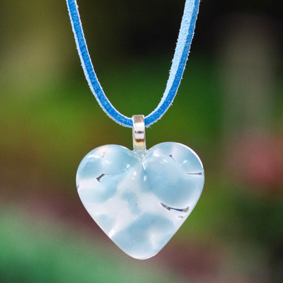 Art Glass Heart-Shaped Pendant Necklace in Blue and White