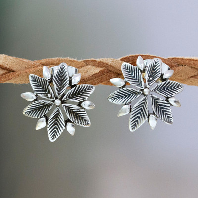 Polished Sterling Silver Floral Button Earrings from Mexico
