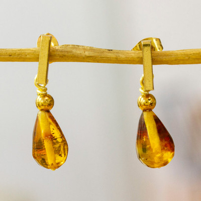 High-Polished 14k Gold-Plated Natural Amber Dangle Earrings