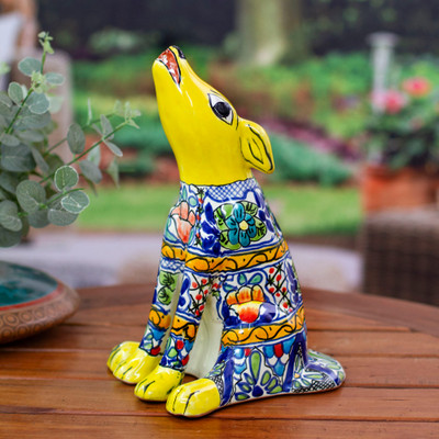 Hand-Painted Talavera Style Yellow Ceramic Coyote Sculpture