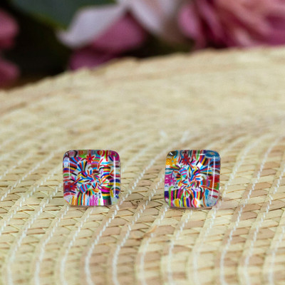 Otomi Tenango Embroidery Decoupage on Glass Stud Earrings