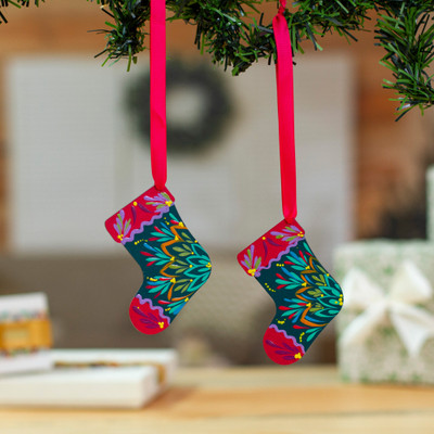 Holiday-Themed Painted Wood Christmas Stocking Ornament Pair