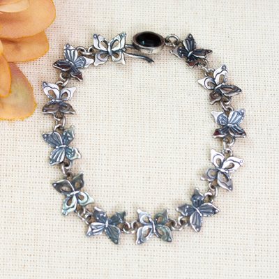 Natural Onyx and Sterling Silver Butterfly Link Bracelet