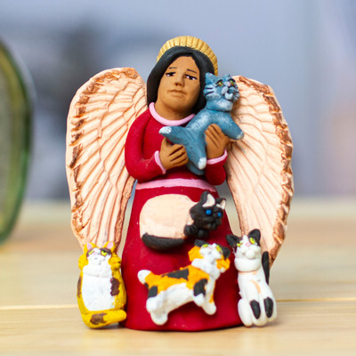 Hand-Painted Angel with Cats-Themed Ceramic Sculpture