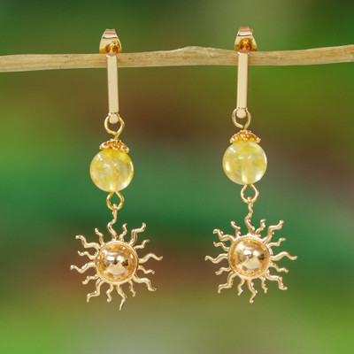 Sun-Themed Gold-Plated Statement Earrings with Quartz Stones