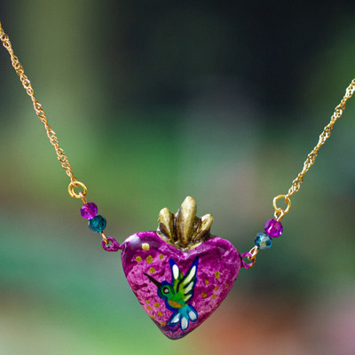 Hummingbird-Themed Purple 14k Gold-Plated Heart Necklace