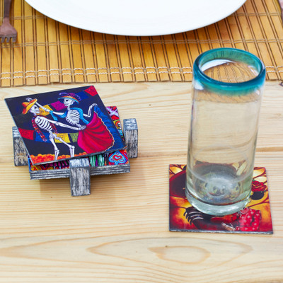 Set of 6 Day of the Dead-Inspired Decoupage on Wood Coasters