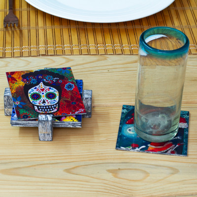 6 Catrina and Catrin Day of the Dead Decoupage Wood Coasters