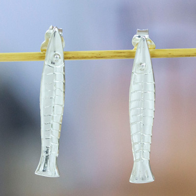 Mexican-Made Polished Sterling Silver Fish Drop Earrings