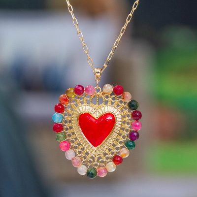 Polished 14k Gold-Plated Heart-Shaped Agate Pendant Necklace