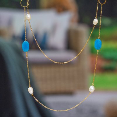 24k Gold-Plated Blue Agate and Cream Pearl Station Necklace