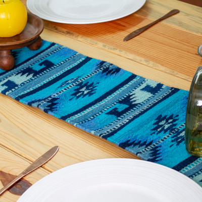 Traditional 100% Wool Table Runner in Caribbean Blue Hues