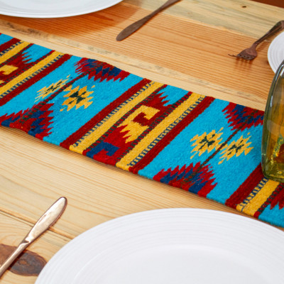 Woven Fringed 100% Wool Table Runner in Yellow and Blue Hues