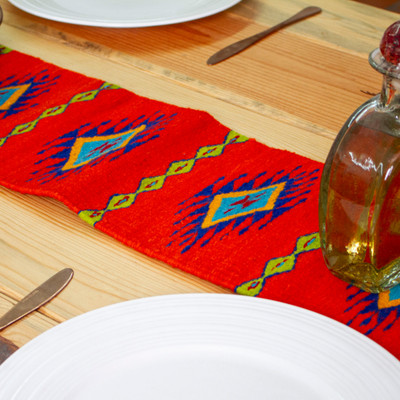 Handwoven Diamond-Patterned Scarlet 100% Wool Table Runner