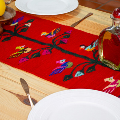 Bird-Themed Handwoven Crimson Red 100% Wool Table Runner