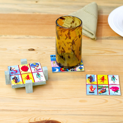 Decoupage 7-Piece Pinewood Loteria Coaster and Stand Set