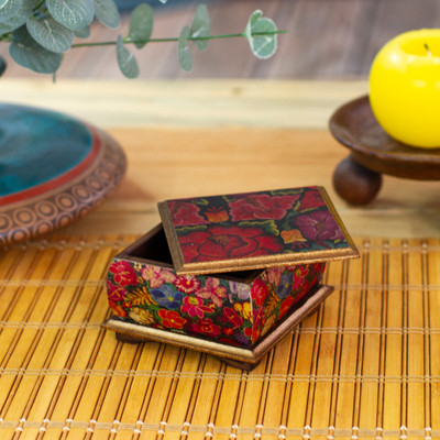 Floral Patterned Decoupage Pinewood Jewelry Box from Mexico