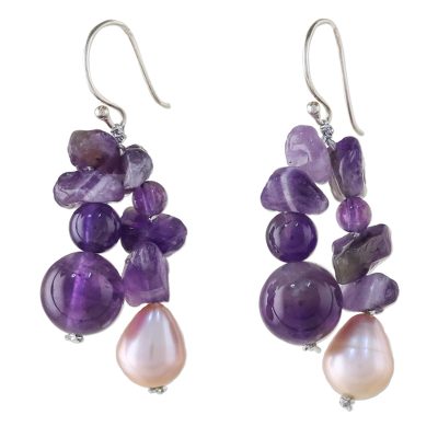 Pearl and amethyst cluster earrings