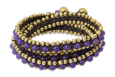Hand Knotted Thai Purple Quartz Bracelet with Brass Beads