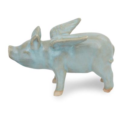 Handcrafted Blue Ceramic Flying Pig from Thailand