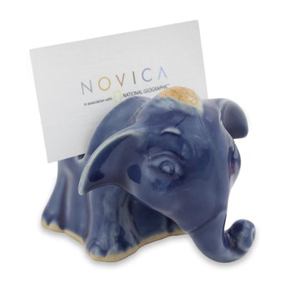 Blue Elephant Celadon Ceramic Business Card Holder