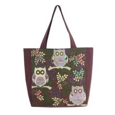 Thai Owls Cotton Blend Tote Shoulder Bag in Brown